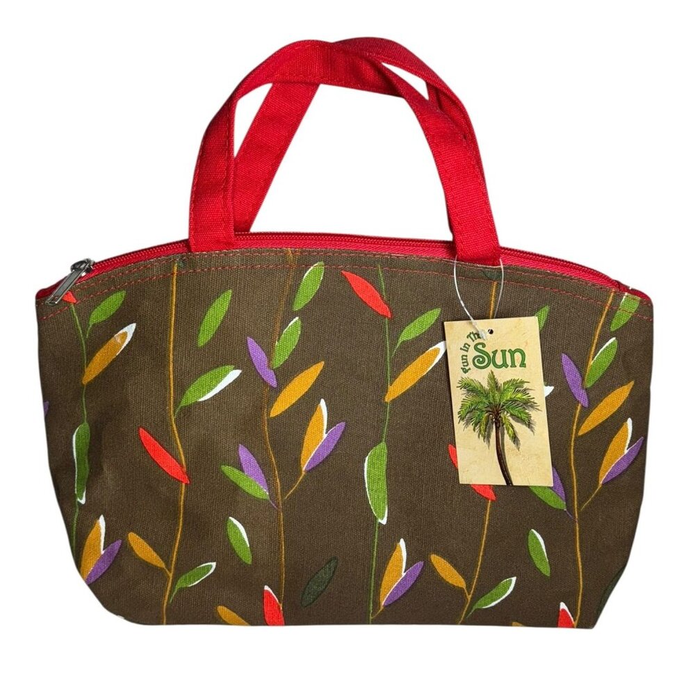 Brown Canvas Tote Bag With Colorful Leaf Design & Red Handles
